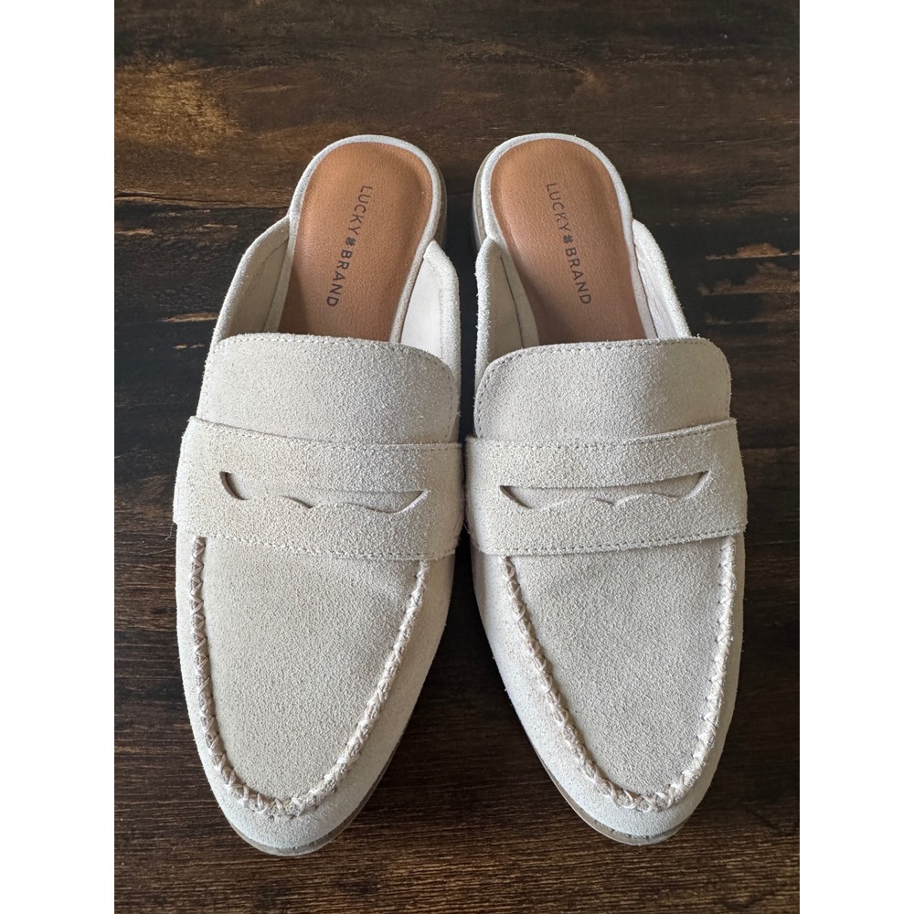 Lucky Brand Esila Suede Penny Loafer Mules Cream Beige Womens 8M Slip On Flats